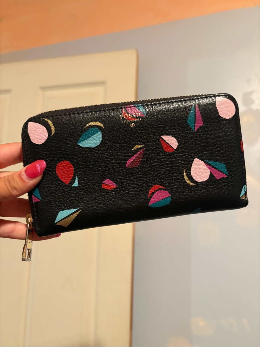 Fossil Black Zip-Around Wallet with Multicolor Geometric Print